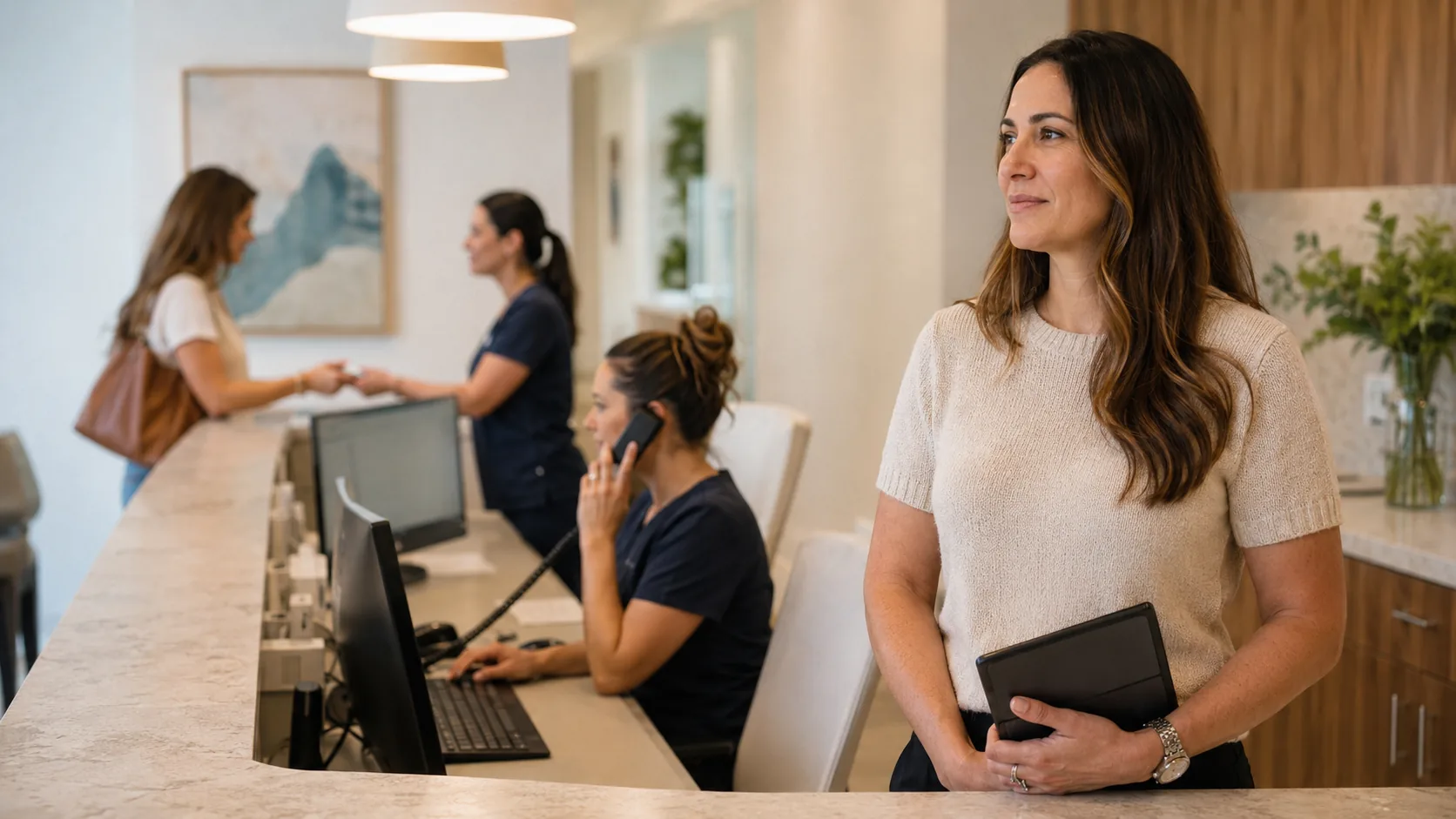 A dental group leader holding a tablet while the front-desk team supports patients and answers calls.